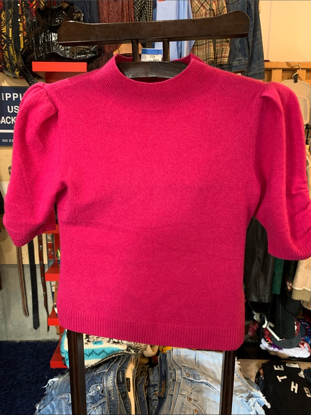 Women’s Crewneck Puff-Sleeve Sweater - Pink-wool and cashmere blend